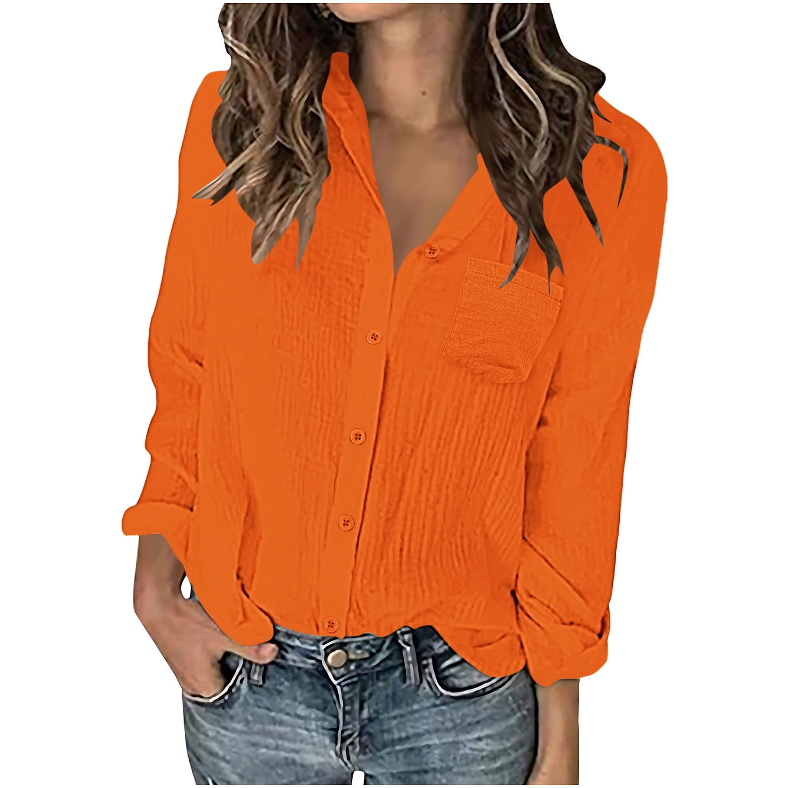 Ashirexll Long Sleeve Shirts For Women Winter Tops Solid Color V Neck Button Down Long Sleeve